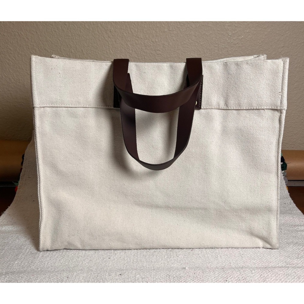 Heavy Cotton Canvas Tote Bag Brown Faux Leather Handles Pocket Utility
